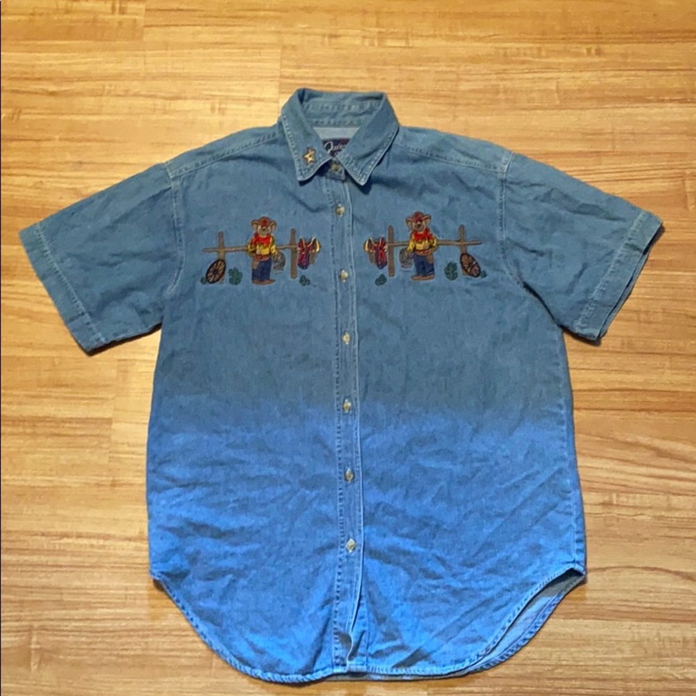 Women’s Let’s Quiz Again Denim Button Up s…